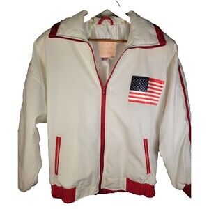 VTG USA Flag Satin Bomber Jacket Mens MEDIUM LARGE Kim Baker Design White